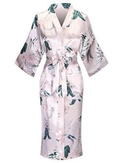 Old-to-new Women's Long Kimono Robe Lightweight Silk Bathrobe Nightgown with Pockets