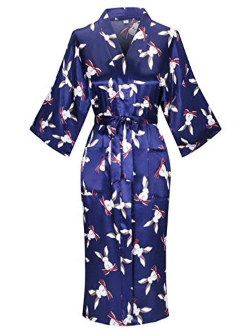 Old-to-new Women's Long Kimono Robe Lightweight Silk Bathrobe Nightgown with Pockets