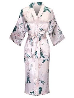 Women's Floral/Patterned Silky Kimono Robes Long Satin Bathrobes Sleepwear Loungewear