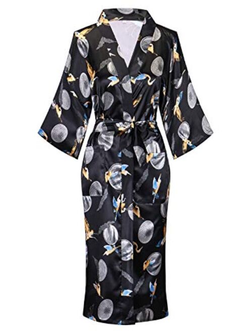 Women's Floral/Patterned Silky Kimono Robes Long Satin Bathrobes Sleepwear Loungewear