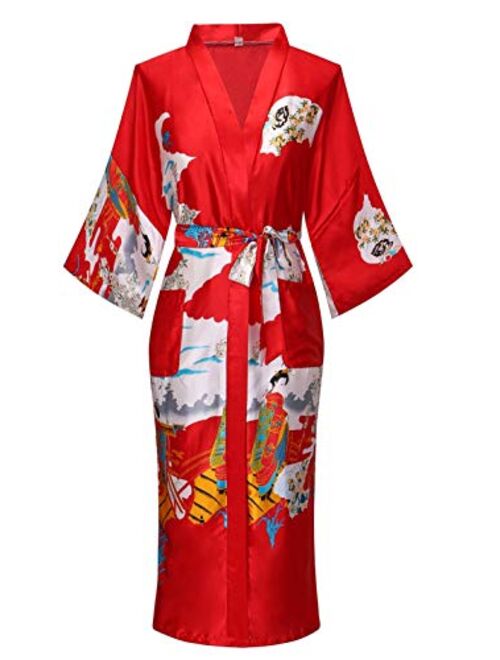 Women's Floral/Patterned Silky Kimono Robes Long Satin Bathrobes Sleepwear Loungewear