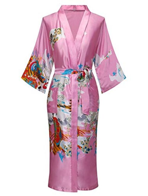 Women's Floral/Patterned Silky Kimono Robes Long Satin Bathrobes Sleepwear Loungewear