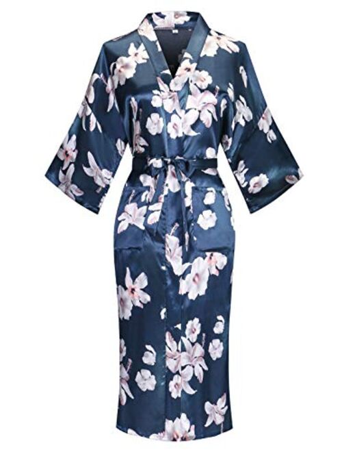 Women's Floral/Patterned Silky Kimono Robes Long Satin Bathrobes Sleepwear Loungewear