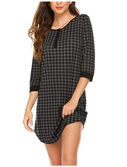 Women's Nightgown Plaid Nightdress 3/4 Sleeve Sleepshirt Button Down Sleep Dress S-XXL