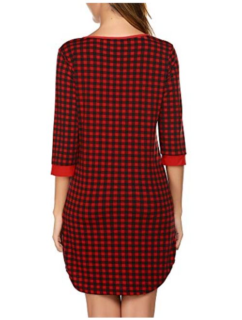 Ekouaer Women's Nightgown Plaid Nightdress 3/4 Sleeve Sleepshirt Button Down Sleep Dress S-XXL