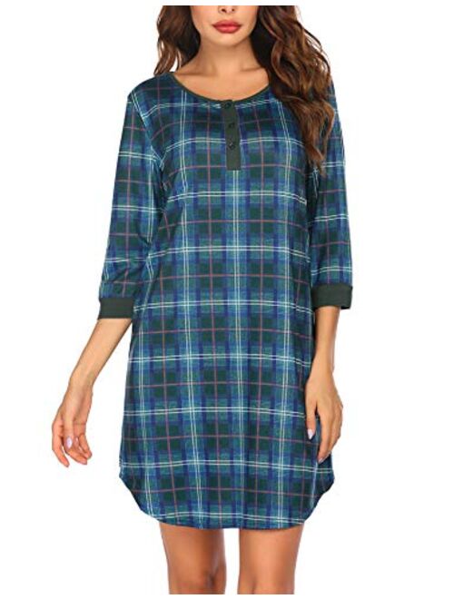 Ekouaer Women's Nightgown Plaid Nightdress 3/4 Sleeve Sleepshirt Button Down Sleep Dress S-XXL