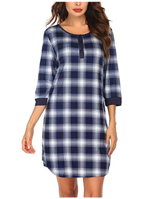 Ekouaer Women's Nightgown Plaid Nightdress 3/4 Sleeve Sleepshirt Button Down Sleep Dress S-XXL