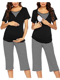 Women Layered Maternity & Nursing Pajama Capri Set Cotton Hospital PJS Set Pregnancy Breastfeeding Sleepwear(S-XXL)