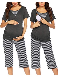 Women Layered Maternity & Nursing Pajama Capri Set Cotton Hospital PJS Set Pregnancy Breastfeeding Sleepwear(S-XXL)