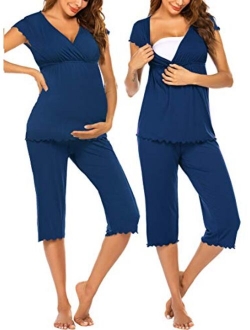 Women Layered Maternity & Nursing Pajama Capri Set Cotton Hospital PJS Set Pregnancy Breastfeeding Sleepwear(S-XXL)