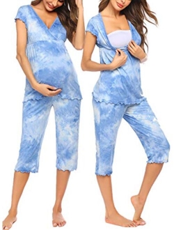 Women Layered Maternity & Nursing Pajama Capri Set Cotton Hospital PJS Set Pregnancy Breastfeeding Sleepwear(S-XXL)