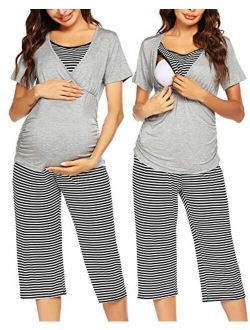 Women Layered Maternity & Nursing Pajama Capri Set Cotton Hospital PJS Set Pregnancy Breastfeeding Sleepwear(S-XXL)