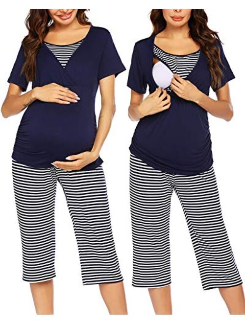 Ekouaer Women Layered Maternity & Nursing Pajama Capri Set Cotton Hospital PJS Set Pregnancy Breastfeeding Sleepwear(S-XXL)