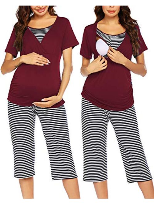 Ekouaer Women Layered Maternity & Nursing Pajama Capri Set Cotton Hospital PJS Set Pregnancy Breastfeeding Sleepwear(S-XXL)