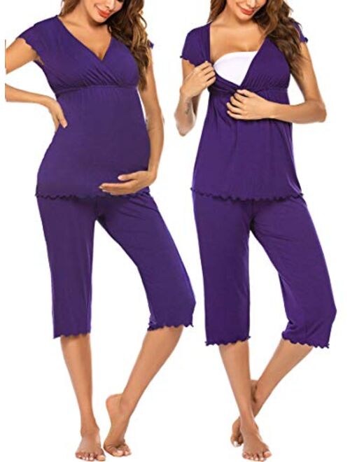 Ekouaer Women Layered Maternity & Nursing Pajama Capri Set Cotton Hospital PJS Set Pregnancy Breastfeeding Sleepwear(S-XXL)