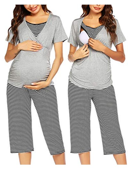 Ekouaer Women Layered Maternity & Nursing Pajama Capri Set Cotton Hospital PJS Set Pregnancy Breastfeeding Sleepwear(S-XXL)