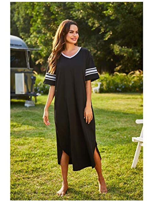 Ekouaer Long Nightgown, Womens V Neck Loungewear Oversized Sleepwear Loose Sleep Dress