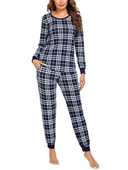 Ekouaer Women's Pajama Set Plaid Pj Long Sleeve Sleepwear Soft Contrast 2 Piece Lounge Sets