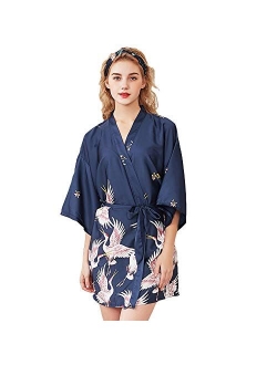 Algerc Women Kimono Robes Satin Dressing Gown Crane and Blossoms Sleep Lounge Nightwear Short Silk Bride Bridesmaid Robe