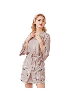 Algerc Women Kimono Robes Satin Dressing Gown Crane and Blossoms Sleep Lounge Nightwear Short Silk Bride Bridesmaid Robe