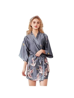 Algerc Women Kimono Robes Satin Dressing Gown Crane and Blossoms Sleep Lounge Nightwear Short Silk Bride Bridesmaid Robe