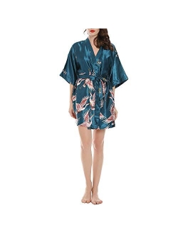 Algerc Women Kimono Robes Satin Dressing Gown Crane and Blossoms Sleep Lounge Nightwear Short Silk Bride Bridesmaid Robe