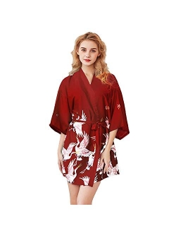 Algerc Women Kimono Robes Satin Dressing Gown Crane and Blossoms Sleep Lounge Nightwear Short Silk Bride Bridesmaid Robe