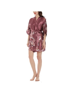 Algerc Women Kimono Robes Satin Dressing Gown Crane and Blossoms Sleep Lounge Nightwear Short Silk Bride Bridesmaid Robe