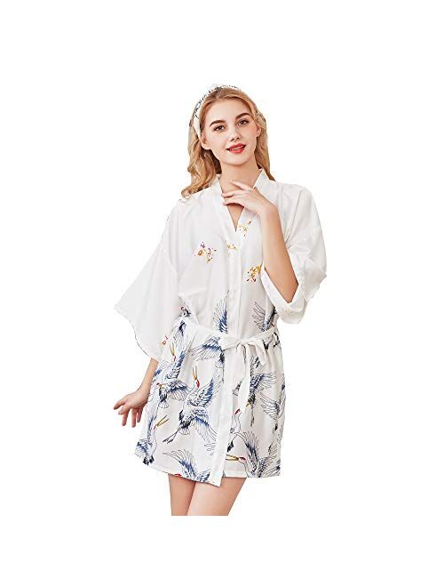 Algerc Women Kimono Robes Satin Dressing Gown Crane and Blossoms Sleep Lounge Nightwear Short Silk Bride Bridesmaid Robe