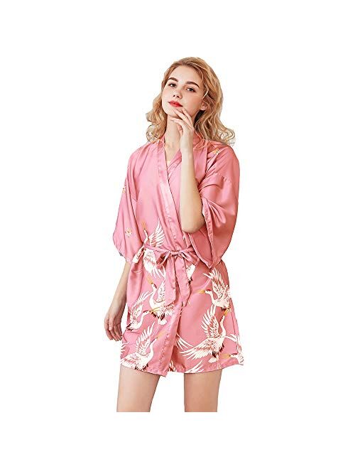 Algerc Women Kimono Robes Satin Dressing Gown Crane and Blossoms Sleep Lounge Nightwear Short Silk Bride Bridesmaid Robe