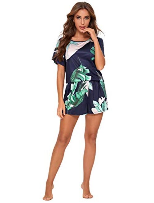 SweatyRocks Women's Soft Pajama Sets Tropical Print T Shirt and Short Sleepwear Pjs Sets