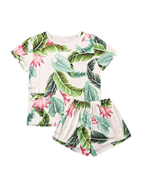 SweatyRocks Women's Soft Pajama Sets Tropical Print T Shirt and Short Sleepwear Pjs Sets