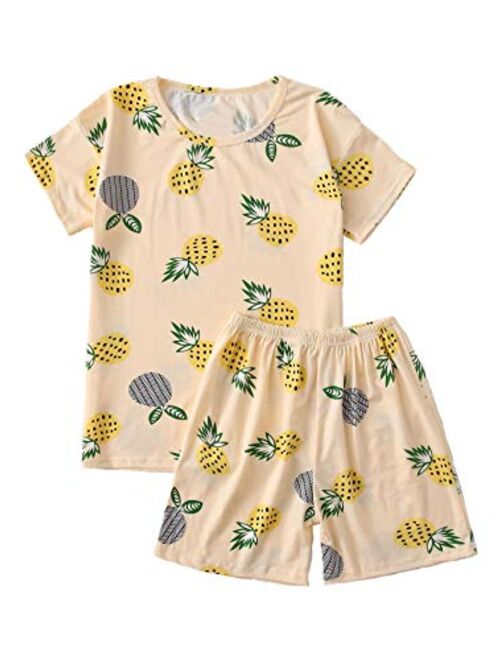 SweatyRocks Women's Soft Pajama Sets Tropical Print T Shirt and Short Sleepwear Pjs Sets