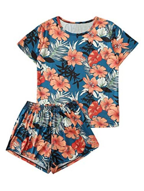 SweatyRocks Women's Soft Pajama Sets Tropical Print T Shirt and Short Sleepwear Pjs Sets