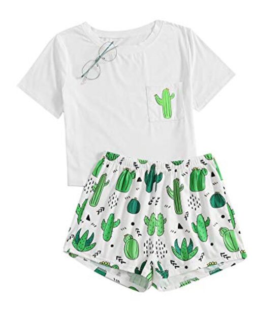 SweatyRocks Women's Soft Pajama Sets Tropical Print T Shirt and Short Sleepwear Pjs Sets