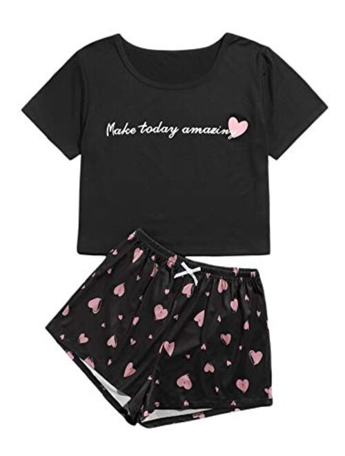 SweatyRocks Women's Soft Pajama Sets Tropical Print T Shirt and Short Sleepwear Pjs Sets