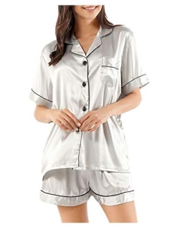 GAESHOW Satin Pajamas for Women, Short Sleeve Silk Pajama Set with Shorts Two Piece Pj Sets Button-Down Sleepwear Loungewear