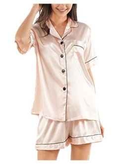 GAESHOW Satin Pajamas for Women, Short Sleeve Silk Pajama Set with Shorts Two Piece Pj Sets Button-Down Sleepwear Loungewear