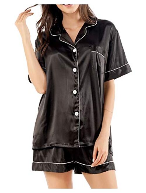 GAESHOW Satin Pajamas for Women, Short Sleeve Silk Pajama Set with Shorts Two Piece Pj Sets Button-Down Sleepwear Loungewear