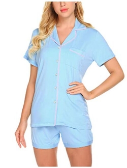 Sleepwear Womens Pajama Set Short Sleeve Pjs Button Down Nightwear Soft Loungewear XS-XXL