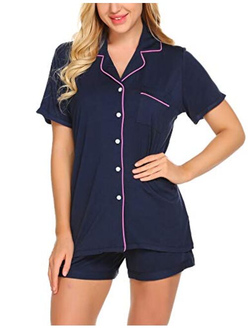 Ekouaer Sleepwear Womens Pajama Set Short Sleeve Pjs Button Down Nightwear Soft Loungewear XS-XXL