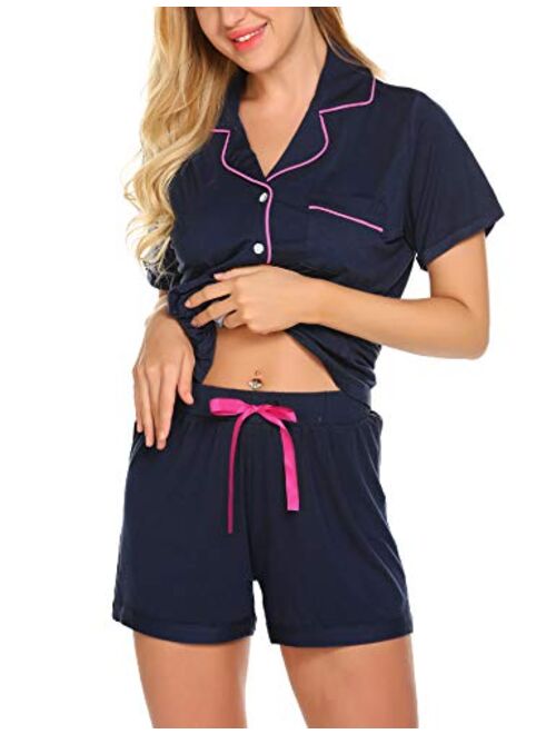 Ekouaer Sleepwear Womens Pajama Set Short Sleeve Pjs Button Down Nightwear Soft Loungewear XS-XXL