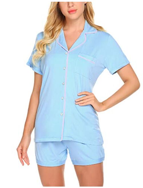 Ekouaer Sleepwear Womens Pajama Set Short Sleeve Pjs Button Down Nightwear Soft Loungewear XS-XXL