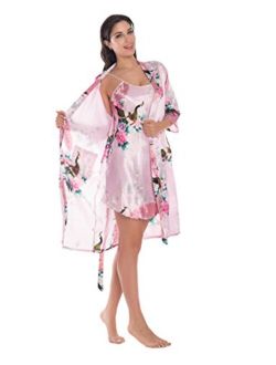 Women's Satin Floral Nightgown Loungewear Nightdress Camisole Robe 2PC Sleepwear Set