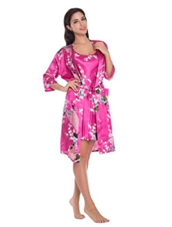 Women's Satin Floral Nightgown Loungewear Nightdress Camisole Robe 2PC Sleepwear Set