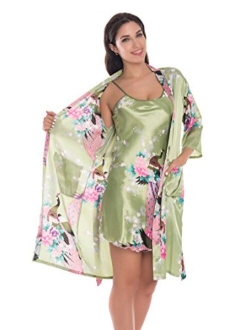 Women's Satin Floral Nightgown Loungewear Nightdress Camisole Robe 2PC Sleepwear Set