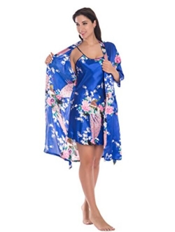 Women's Satin Floral Nightgown Loungewear Nightdress Camisole Robe 2PC Sleepwear Set