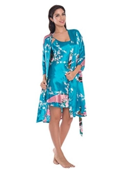 Women's Satin Floral Nightgown Loungewear Nightdress Camisole Robe 2PC Sleepwear Set