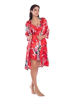 Women's Satin Floral Nightgown Loungewear Nightdress Camisole Robe 2PC Sleepwear Set