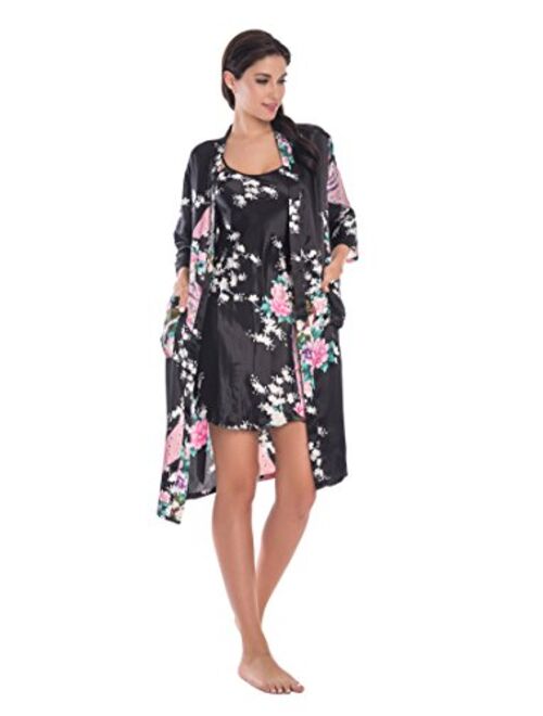 Women's Satin Floral Nightgown Loungewear Nightdress Camisole Robe 2PC Sleepwear Set